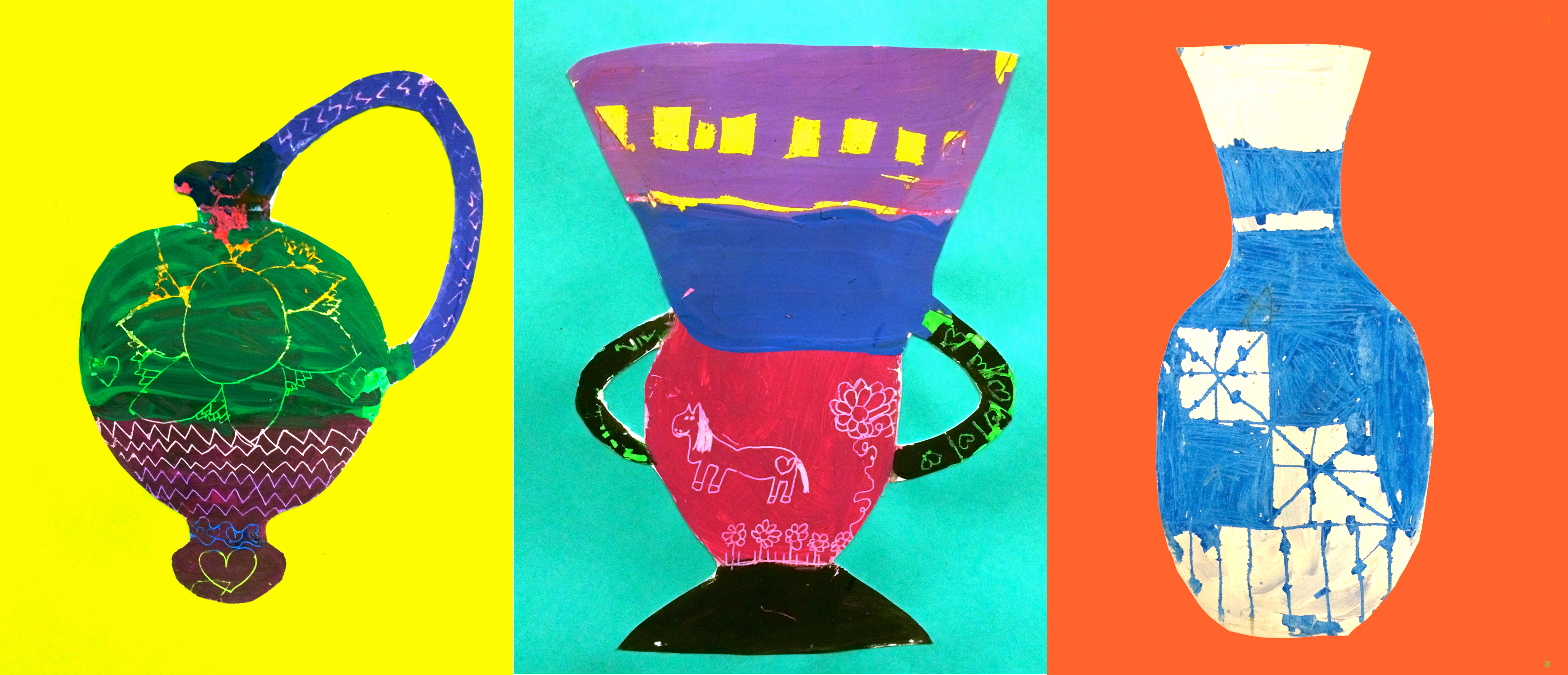 Vases. Mixed Media, acrylic paint/pastel carvings. (Grade: 2)