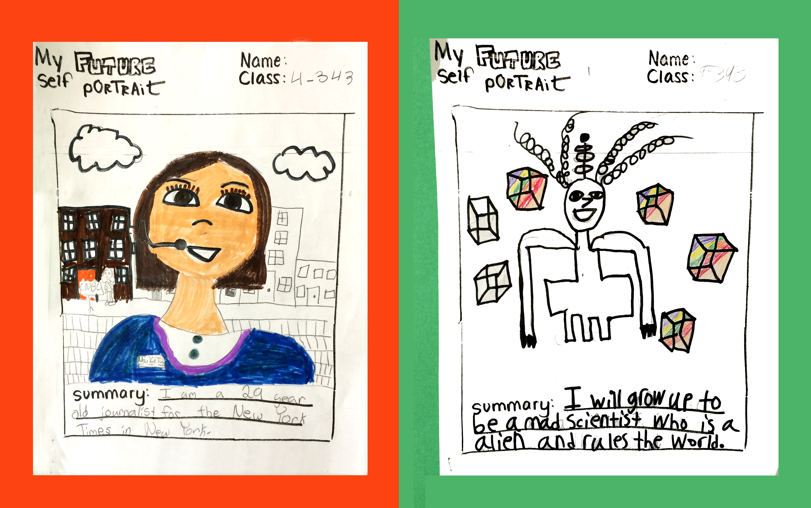 Future Self-Portraits. Marker drawings. (Grade 4)